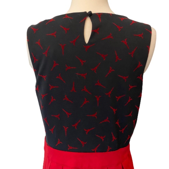 ELLE Dress Eiffel Tower Paris Pleated Ponte Knit Sleeveless Black Red Size 10 - Picture 7 of 13